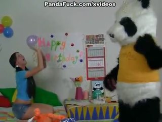 Began to play with a big peter toy panda